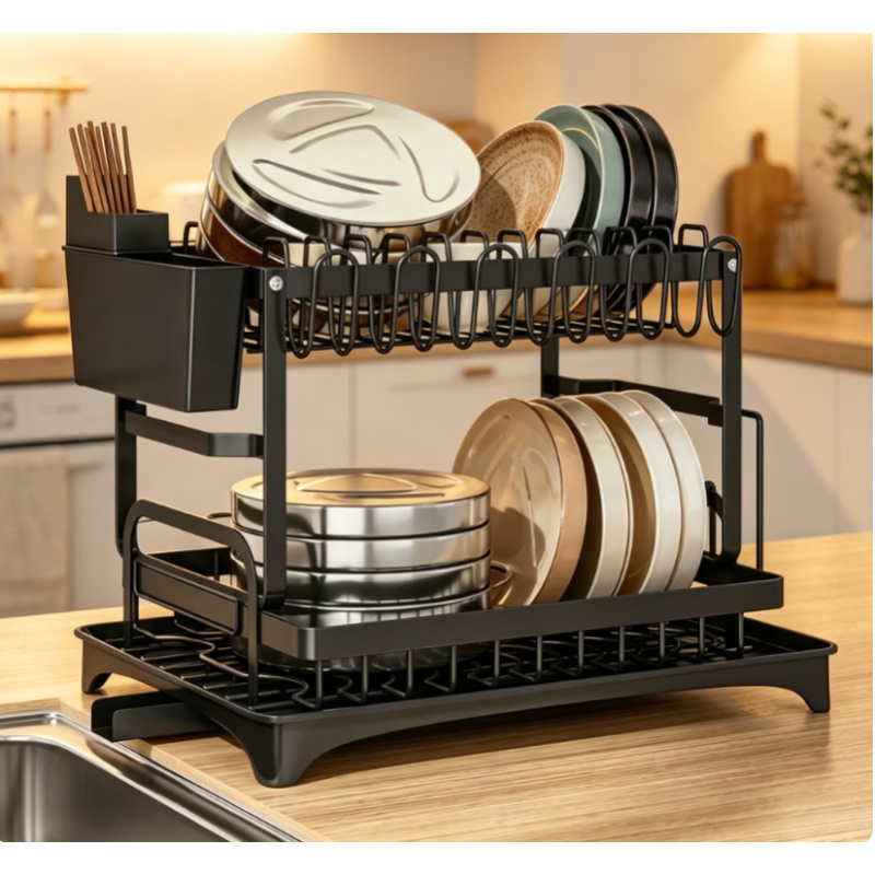 Food Storage Shelving - Premium Large-capacity 2-Tier Metal Dish Rack
